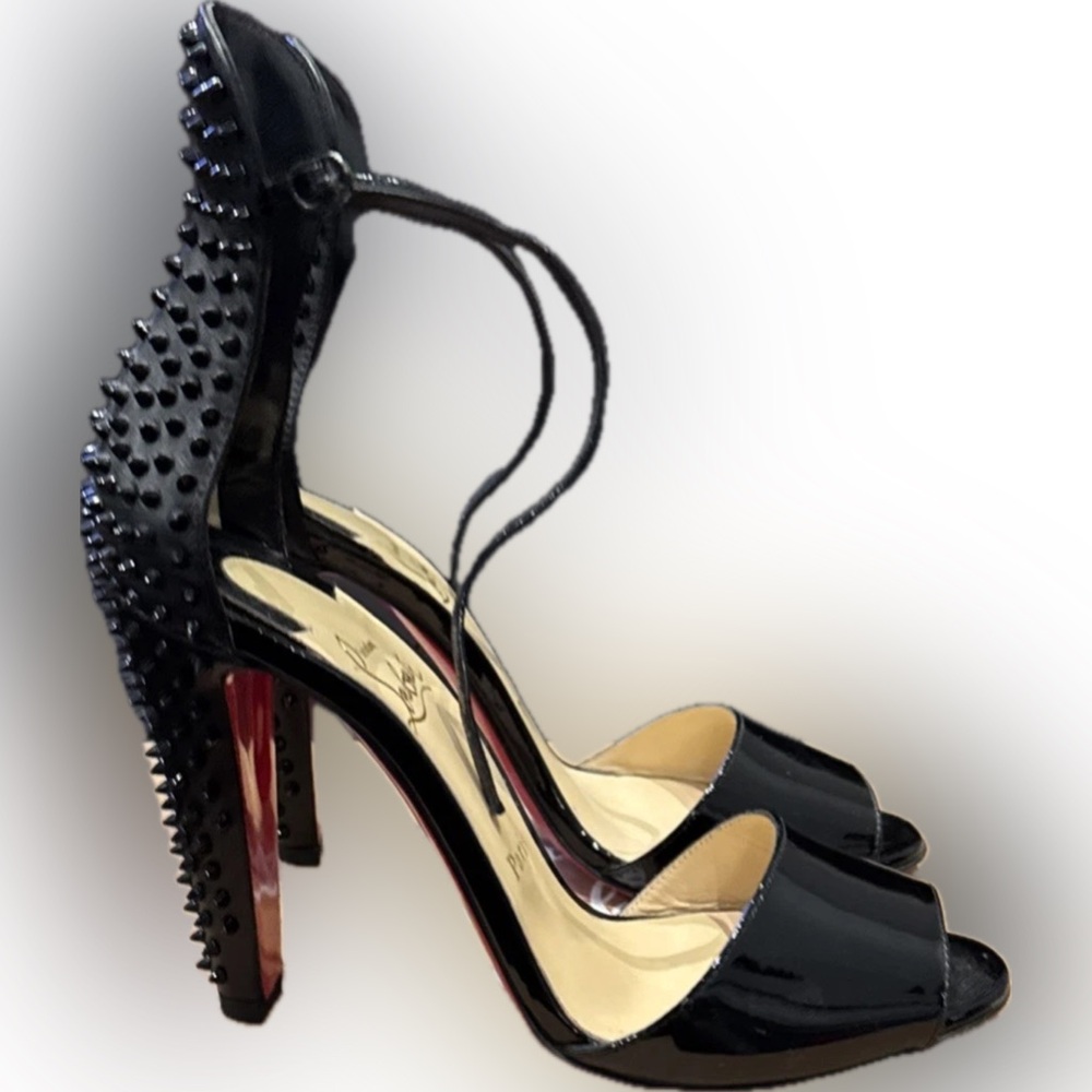 Christian Louboutin Tropanita 100 Black Patent Sandal w black Spikes Sz 37 New